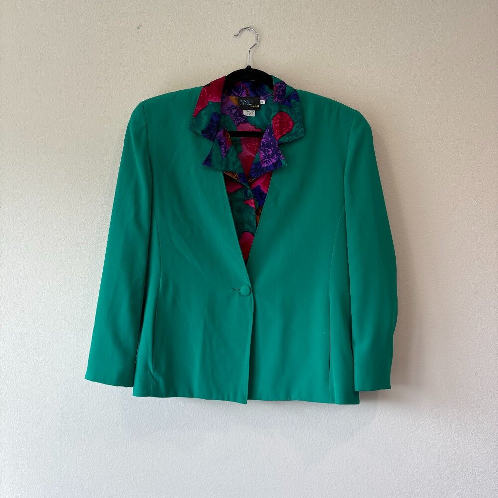 1980's silk poly petite three piece set - jacket, blouse, skirt - flowers, small